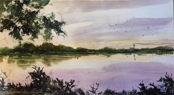 Sunset (ART-7901-116898) - Handpainted Art Painting - 22in X 12in