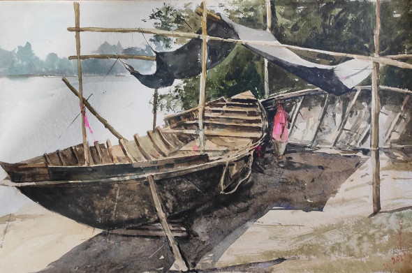 Boat (ART-7901-117038) - Handpainted Art Painting - 23in X 15in