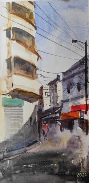 City (ART-7901-116841) - Handpainted Art Painting - 8in X 14in