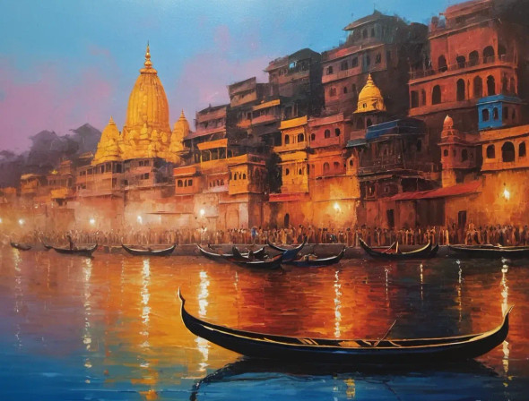 Varanasi Ghat Painting (ART-3319-117072) - Handpainted Art Painting - 48in X 36in