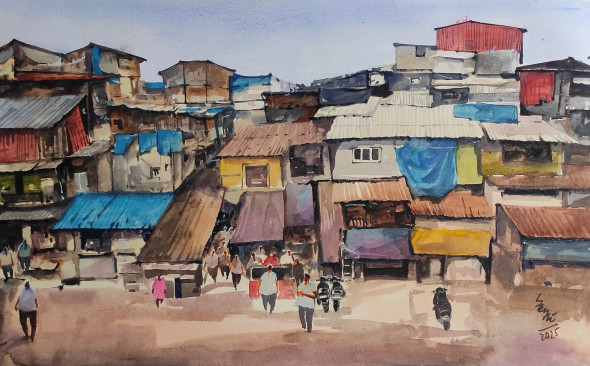 Slums Area (ART-7901-117122) - Handpainted Art Painting - 22in X 14in