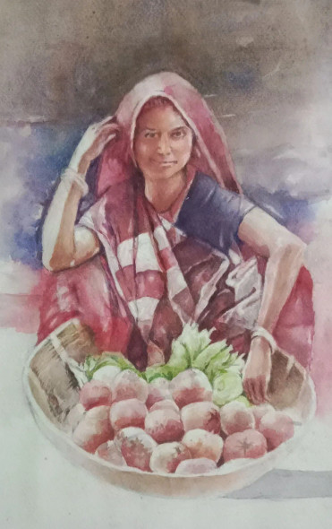 Village Woman (ART-15604-117136) - Handpainted Art Painting - 11in X 15in