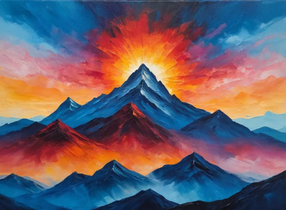 View Of Mountains Sunset Landscape Painting (ART-3319-117079) - Handpainted Art Painting - 36in X 24in