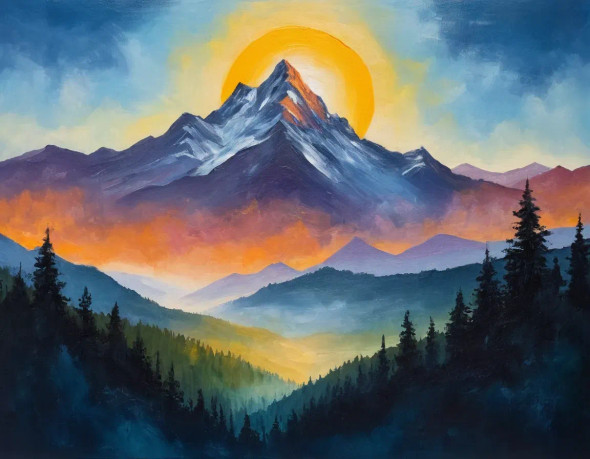View Pf Mountains Nature Scenery Landscape Painting (ART-3319-117078) - Handpainted Art Painting - 36in X 30in