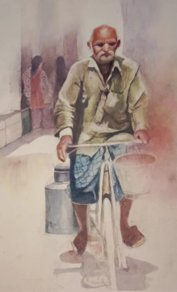 The Milk Man (ART-15604-117134) - Handpainted Art Painting - 11in X 15in