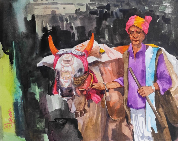 Man With Cow (PRT-7901-117128) - Canvas Art Print - 30in X 24in