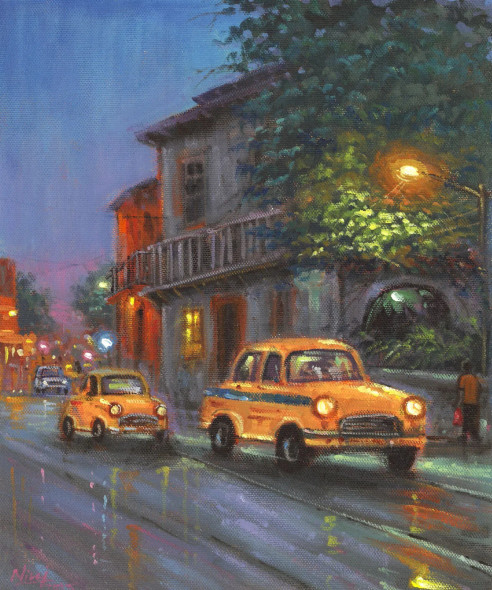 Kolkata Rains | Cityscape Painting With Yellow Ambassador Taxis (ART-4815-117173) - Handpainted Art Painting - 12in X 10in