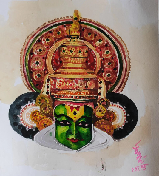 Kathakali Mask (ART-7901-117093) - Handpainted Art Painting - 10in X 11in