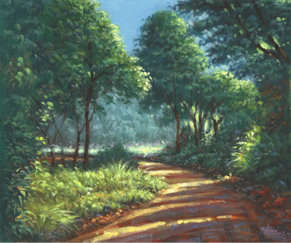 Whispers Of Dawn | Sunlit Forest Path Original Painting (ART-4815-117170) - Handpainted Art Painting - 12in X 10in
