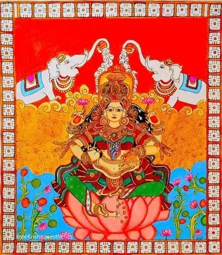 Maa Lakshmi In Kerala Mural Painting (ART-15406-112869) - Handpainted Art Painting - 22in X 24in