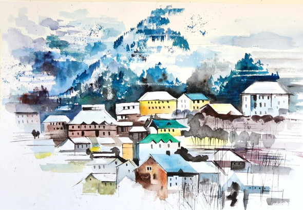 Silent Slopes (ART-17881-117238) - Handpainted Art Painting - 19in X 13in