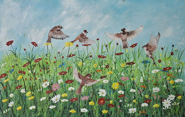 Abstract Free Birds Sparrow (ART-16822-117225) - Handpainted Art Painting - 30in X 20in