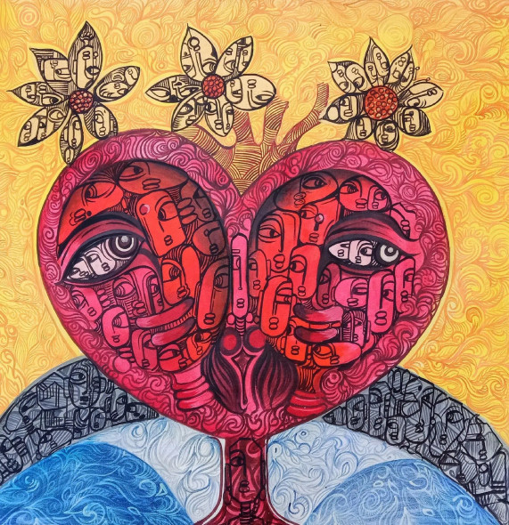Hearts In Blooms (ART-8135-117248) - Handpainted Art Painting - 34in X 34in
