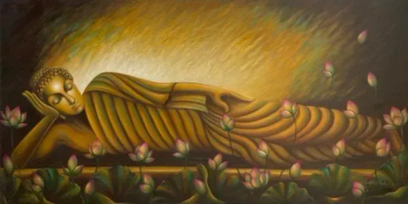 The Reclining Buddha (ART-16097-117300) - Handpainted Art Painting - 36in X 72in
