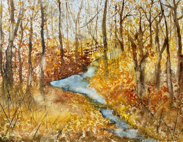 Rivulet Through The Forest (ART-8841-117279) - Handpainted Art Painting - 13in X 10in