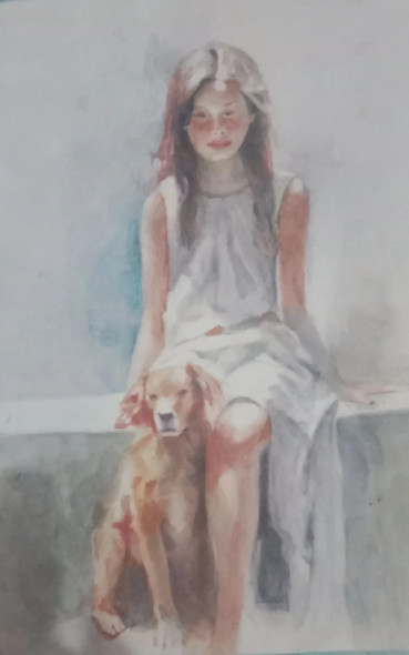 Girl And Dog (ART-15604-117289) - Handpainted Art Painting - 10in X 13in