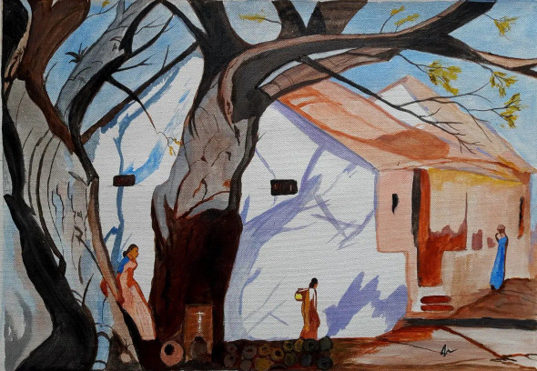Abstract Nature - Village Life (PRT-15701-117202) - Canvas Art Print - 24in X 17in
