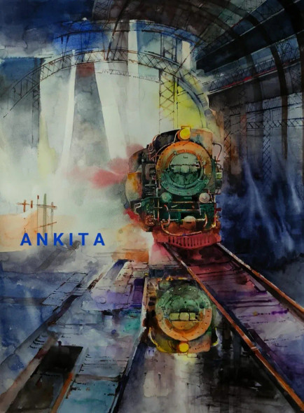 Old Steam Engine (ART-8538-117221) - Handpainted Art Painting - 22in X 30in