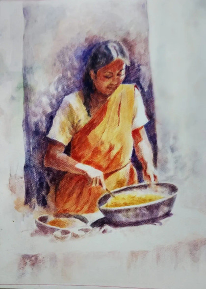 Village Kitchen (ART-15604-117364) - Handpainted Art Painting - 11in X 15in