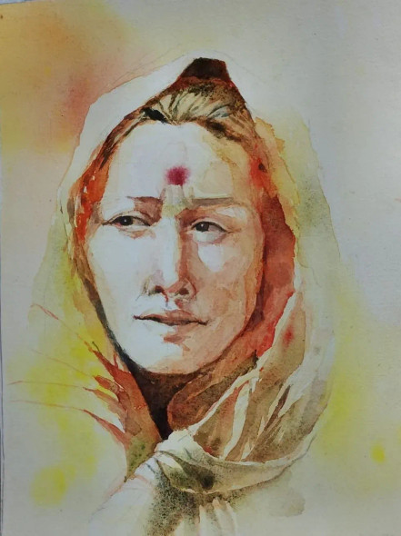 Woman From Nepal (ART-15604-117367) - Handpainted Art Painting - 11in X 15in
