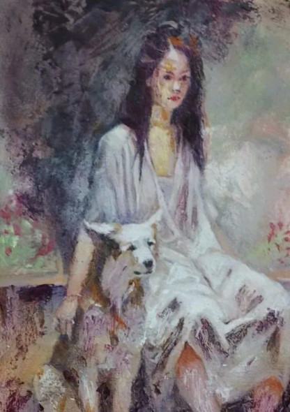 Girl And Dog (ART-15604-117309) - Handpainted Art Painting - 11in X 15in