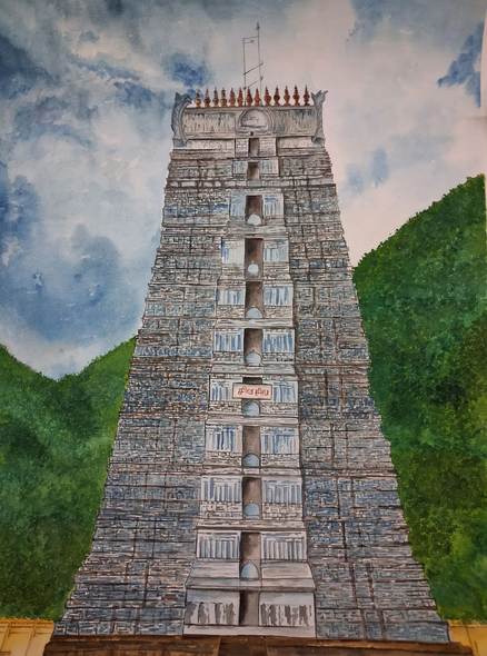 Tiruvannamalai Shiva Temple (ART-8972-117395) - Handpainted Art Painting - 23in X 33in