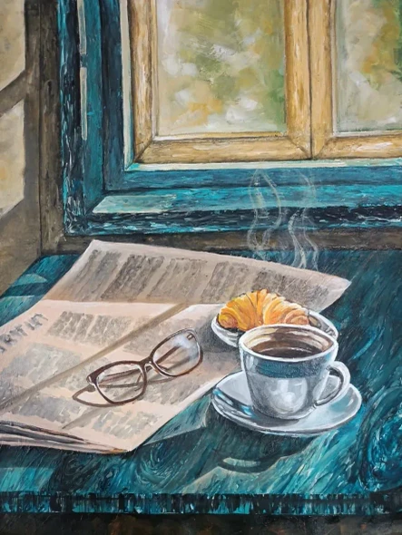 Morning Serenity – Acrylic Painting Of Coffee, Croissant & Morning Light (ART-3674-117409) - Handpainted Art Painting - 18in X 24in