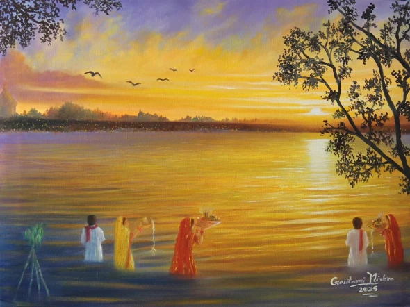 Indian Festivals - Chhath Puja (ART-976-117392) - Handpainted Art Painting - 14in X 18in
