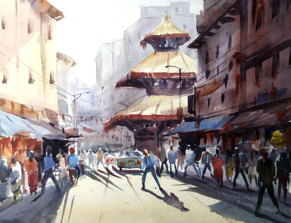 Morning Light Street In Kathmandu (ART-1232-117405) - Handpainted Art Painting - 14in X 11in