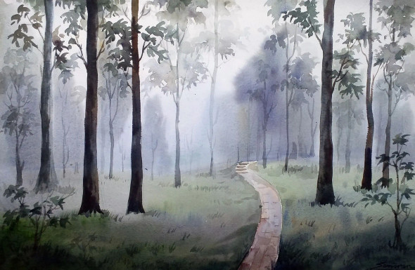 Misty Himalayan Mountain Forest (ART-1232-117407) - Handpainted Art Painting - 23in X 11in