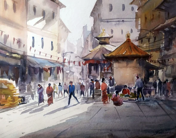 Morning Street In Kathmandu (ART-1232-117402) - Handpainted Art Painting - 14in X 11in