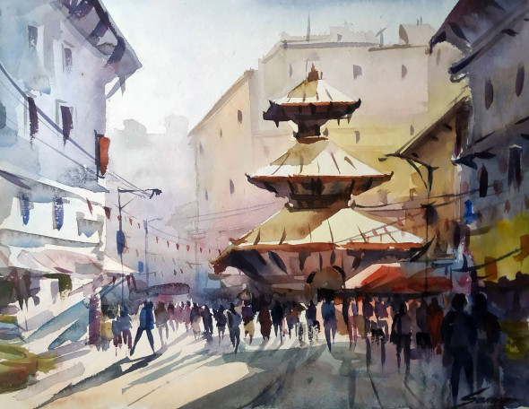 Morning Busy Street In Kathmandu (ART-1232-117403) - Handpainted Art Painting - 14in X 11in
