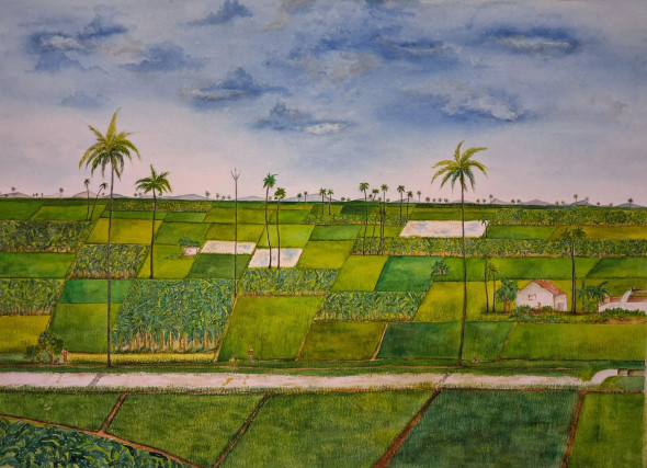 My Village Green Paddy Field (ART-8972-117394) - Handpainted Art Painting - 33in X 23in
