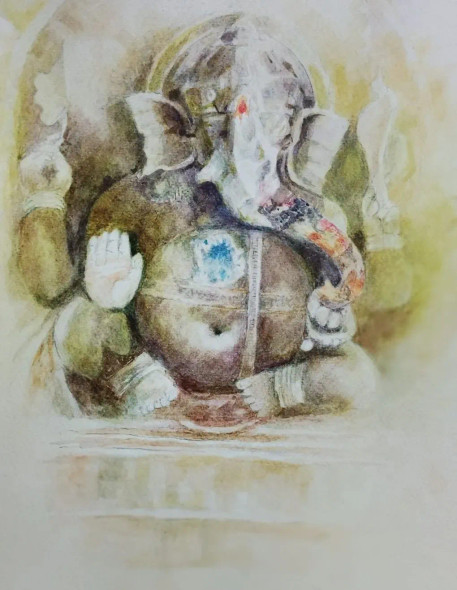 Ganesha (ART-15604-117328) - Handpainted Art Painting - 11in X 15in
