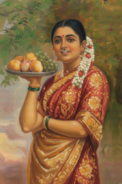 Celebrating Timeless Indian Beauty And Grace (Inspired By Raja Ravi Verma) (PRT-15697-117449) - Canvas Art Print - 40in X 60in