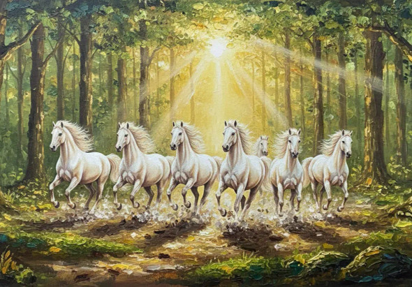 7 Running Horses Painting As Per Vastu (ART-3319-117466) - Handpainted Art Painting - 36in X 24in