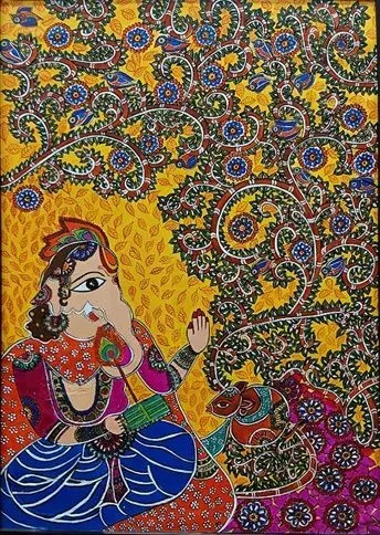 Ganesha: Madhubani Vision Of Divine Joy (ART-17719-117499) - Handpainted Art Painting - 24in X 36in