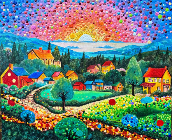 Dreamscape Village At Dawn (ART-17931-117498) - Handpainted Art Painting - 22in X 20in