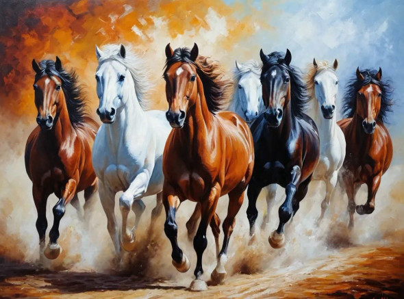 7 Running Horses Painting Vastu (ART-3319-117469) - Handpainted Art Painting - 36in X 24in
