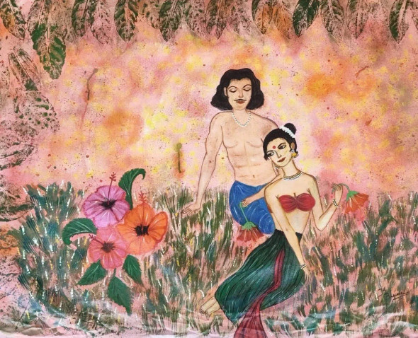 Indian Vintage Couple In Garden (ART-17155-115167) - Handpainted Art Painting - 39in X 29in