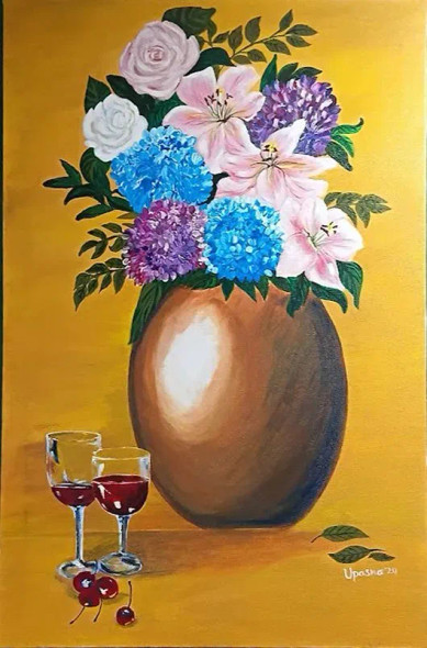 Amber Harvest: Floral Libation (ART-17719-117506) - Handpainted Art Painting - 24in X 36in