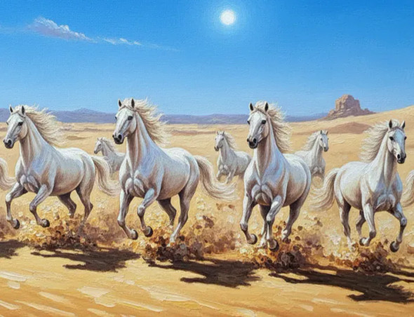 7 Running Horses Painting As Per Vastu (ART-3319-117467) - Handpainted Art Painting - 36in X 24in