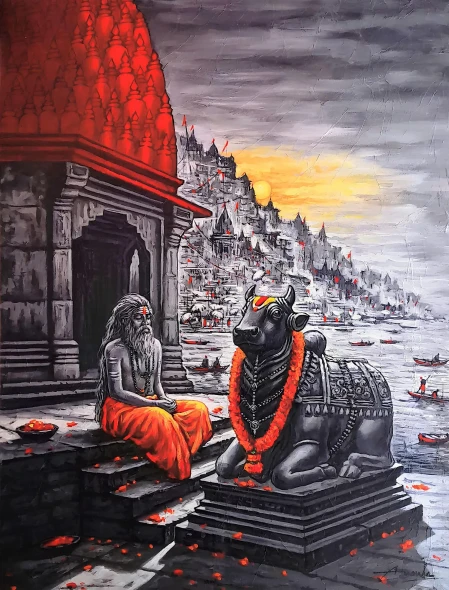 Nandi's Silent Vigil: The Esoteric Peace Of Varanasi (ART-7456-117534) - Handpainted Art Painting - 36in X 48in