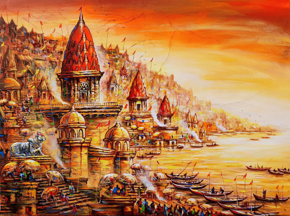 Golden Kashi: Nandi's Vigil & The Sacred Ganga At Banaras (ART-7456-117535) - Handpainted Art Painting - 40in X 30in