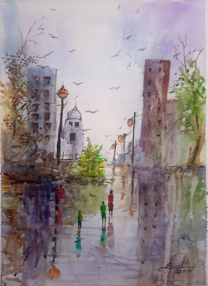 RAINY DAYS (ART-6806-117568) - Handpainted Art Painting - 14in X 11in