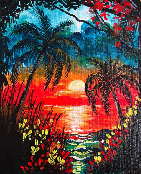 Crimson Horizon (ART-7381-117524) - Handpainted Art Painting - 10in X 12in