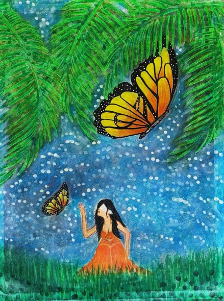 Lady Eye Tied In Garden With Butterflies (ART-17155-115168) - Handpainted Art Painting - 23in X 31in