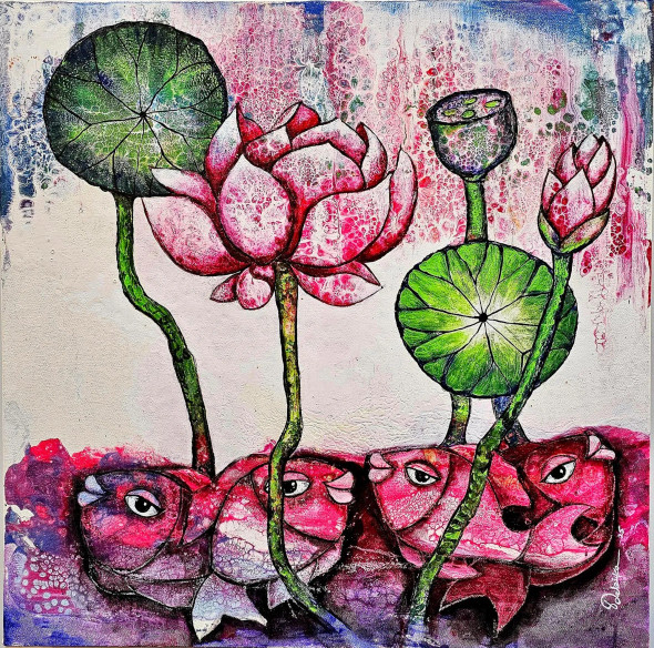 Lotus Pond (ART-15414-117472) - Handpainted Art Painting - 24in X 24in