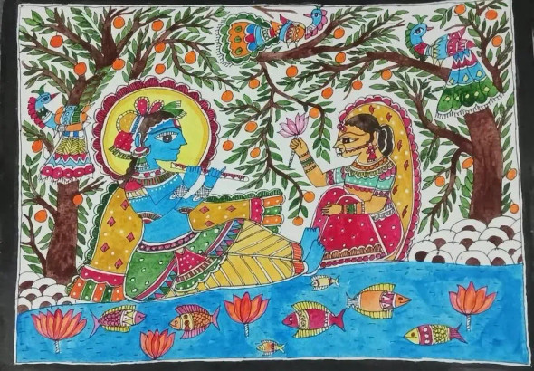 Madhubani Painting, Mithila Art (ART-7407-117491) - Handpainted Art Painting - 15in X 11in