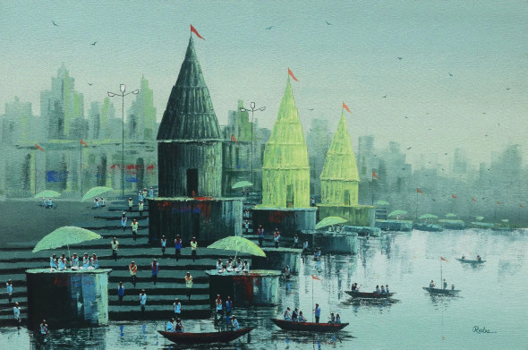 Banaras Ghat (ART-7775-117592) - Handpainted Art Painting - 36in X 24in
